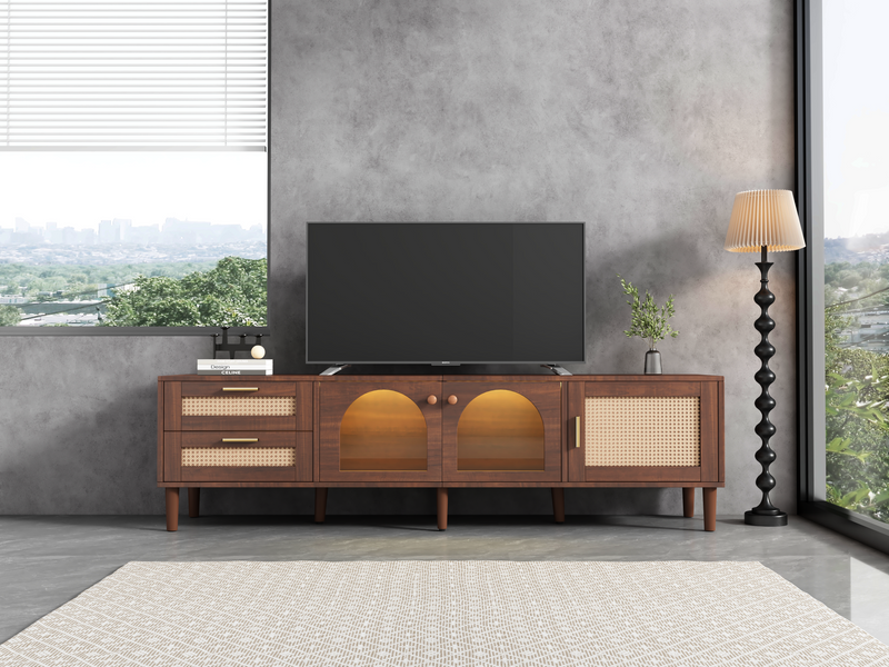 Meuble TV Marron de 180 cm avec Tiroirs en Rotin, TURKAN