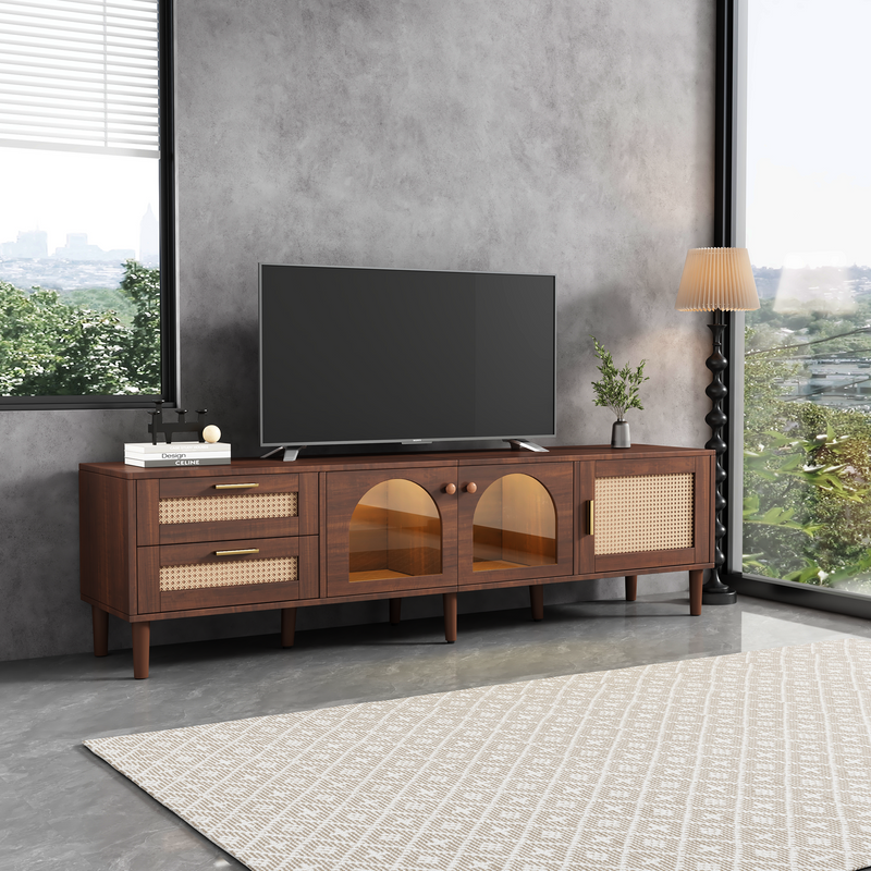 Meuble TV Marron de 180 cm avec Tiroirs en Rotin, TURKAN