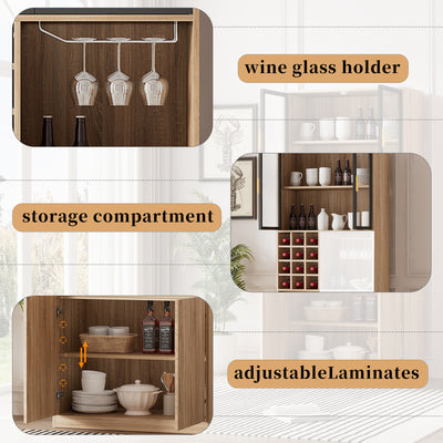 Armoire de Rangement Polyvalente Naturelle avec Portes Vitrées, Éclairage LED et Support de Verres AmovibleTRUUDOTS