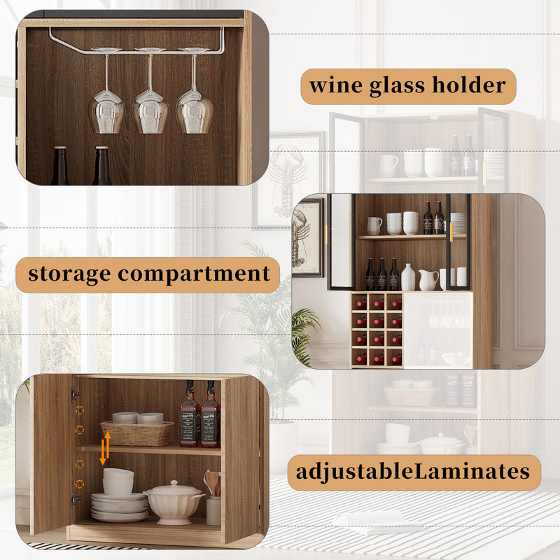 Armoire de Rangement Polyvalente Naturelle avec Portes Vitrées, Éclairage LED et Support de Verres AmovibleTRUUDOTS