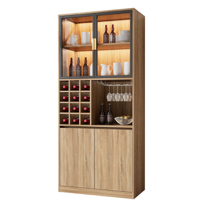 Armoire de Rangement Polyvalente Naturelle avec Portes Vitrées, Éclairage LED et Support de Verres AmovibleTRUUDOTS