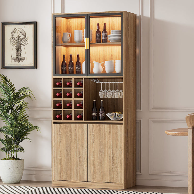Armoire de Rangement Polyvalente Naturelle avec Portes Vitrées, Éclairage LED et Support de Verres AmovibleTRUUDOTS