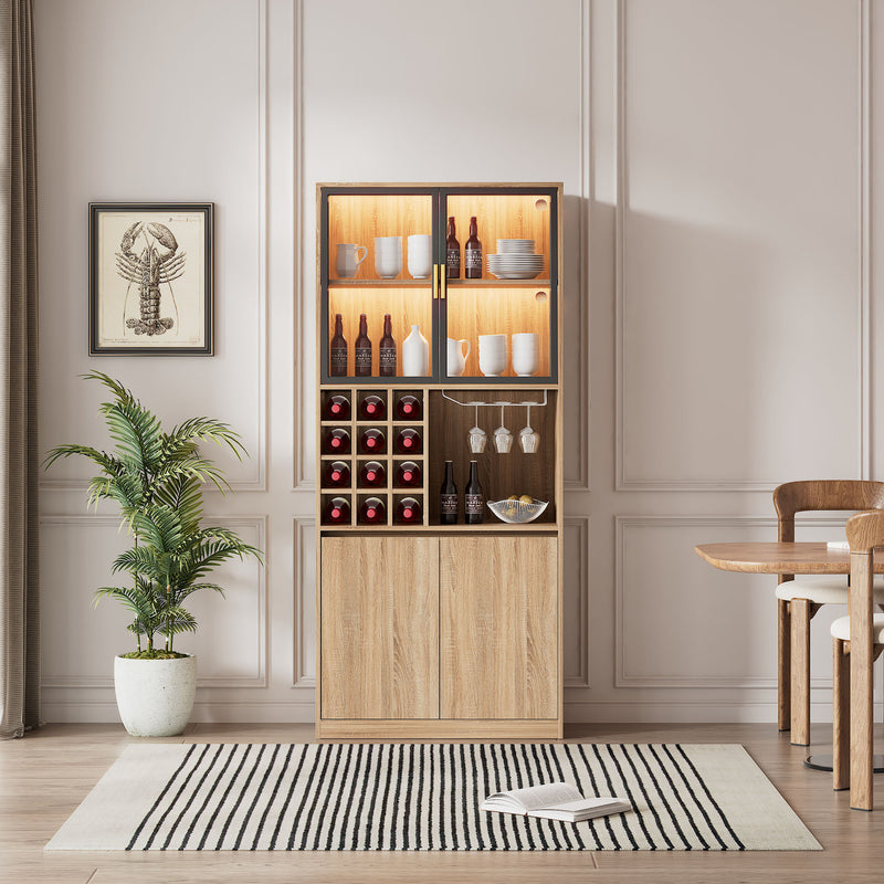 Armoire de Rangement Polyvalente Naturelle avec Portes Vitrées, Éclairage LED et Support de Verres AmovibleTRUUDOTS