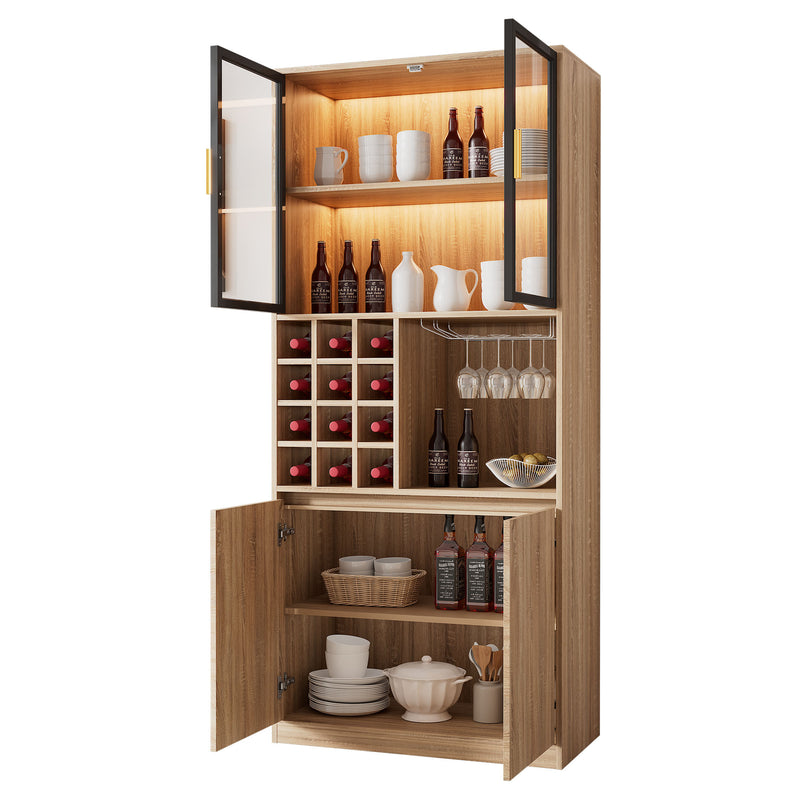 Armoire de Rangement Polyvalente Naturelle avec Portes Vitrées, Éclairage LED et Support de Verres AmovibleTRUUDOTS