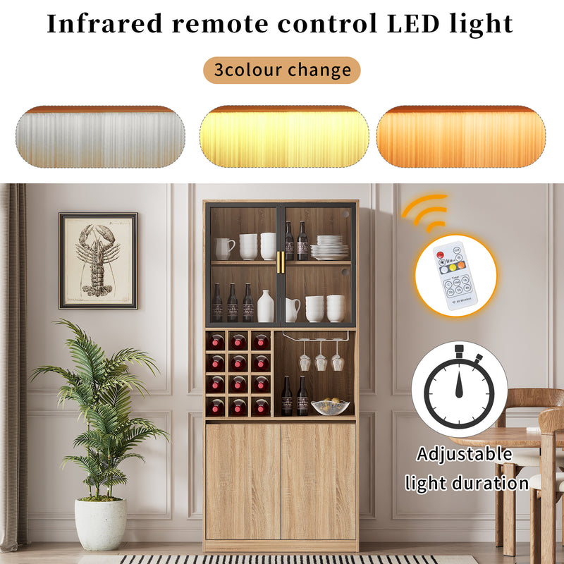 Armoire de Rangement Polyvalente Naturelle avec Portes Vitrées, Éclairage LED et Support de Verres AmovibleTRUUDOTS