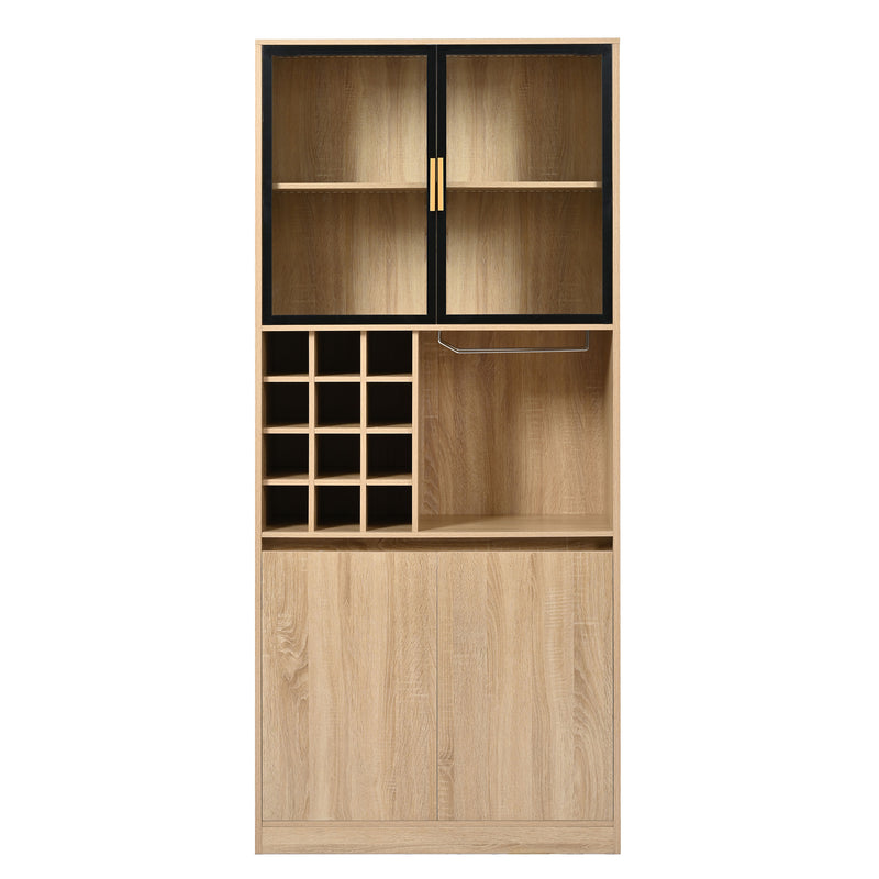 Armoire de Rangement Polyvalente Naturelle avec Portes Vitrées, Éclairage LED et Support de Verres AmovibleTRUUDOTS