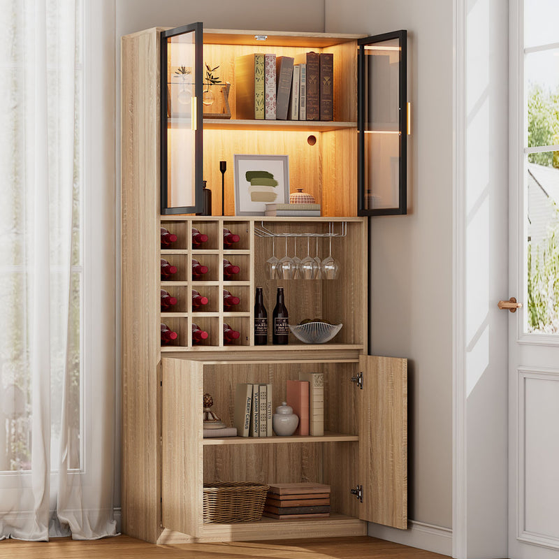 Armoire de Rangement Polyvalente Naturelle avec Portes Vitrées, Éclairage LED et Support de Verres AmovibleTRUUDOTS