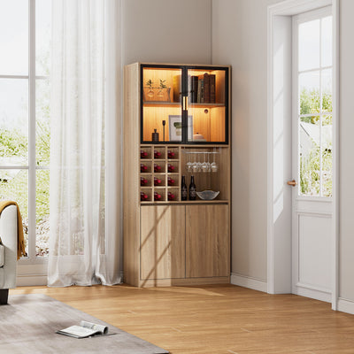 Armoire de Rangement Polyvalente Naturelle avec Portes Vitrées, Éclairage LED et Support de Verres AmovibleTRUUDOTS