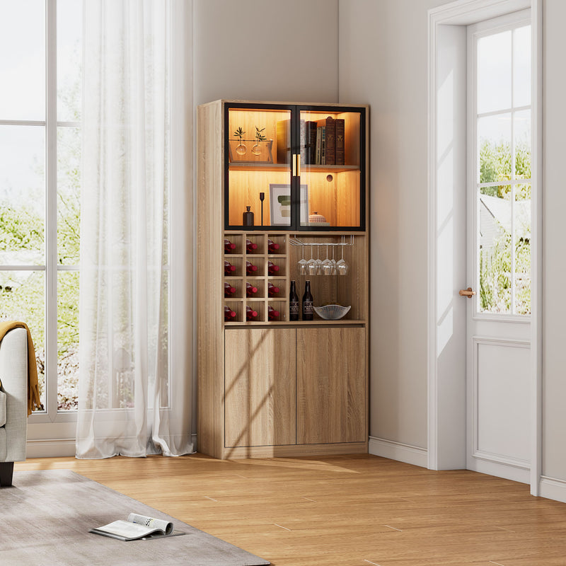 Armoire de Rangement Polyvalente Naturelle avec Portes Vitrées, Éclairage LED et Support de Verres AmovibleTRUUDOTS