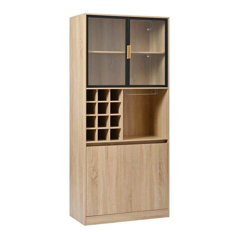Armoire de Rangement Polyvalente Naturelle avec Portes Vitrées, Éclairage LED et Support de Verres AmovibleTRUUDOTS