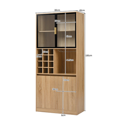 Armoire de Rangement Polyvalente Naturelle avec Portes Vitrées, Éclairage LED et Support de Verres AmovibleTRUUDOTS