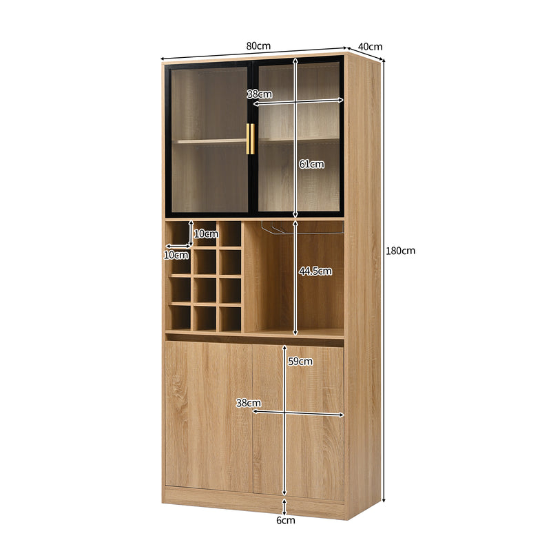 Armoire de Rangement Polyvalente Naturelle avec Portes Vitrées, Éclairage LED et Support de Verres AmovibleTRUUDOTS