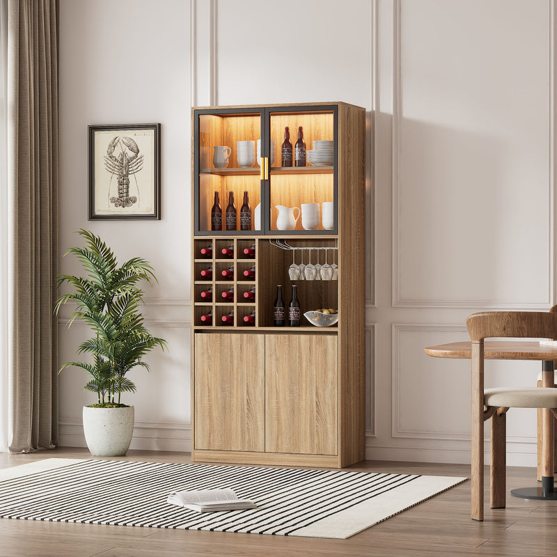 Armoire de Rangement Polyvalente Naturelle avec Portes Vitrées, Éclairage LED et Support de Verres AmovibleTRUUDOTS