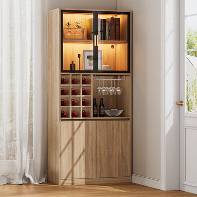 Armoire de Rangement Polyvalente Naturelle avec Portes Vitrées, Éclairage LED et Support de Verres AmovibleTRUUDOTS