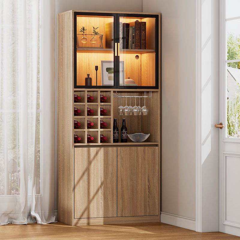 Armoire de Rangement Polyvalente Naturelle avec Portes Vitrées, Éclairage LED et Support de Verres AmovibleTRUUDOTS