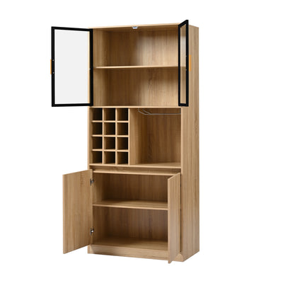Armoire de Rangement Polyvalente Naturelle avec Portes Vitrées, Éclairage LED et Support de Verres AmovibleTRUUDOTS