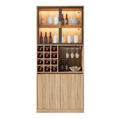 Armoire de Rangement Polyvalente Naturelle avec Portes Vitrées, Éclairage LED et Support de Verres AmovibleTRUUDOTS