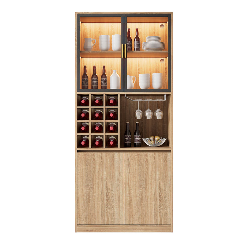 Armoire de Rangement Polyvalente Naturelle avec Portes Vitrées, Éclairage LED et Support de Verres AmovibleTRUUDOTS