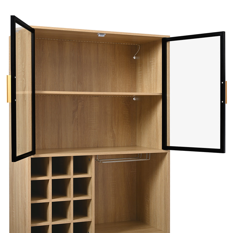 Armoire de Rangement Polyvalente Naturelle avec Portes Vitrées, Éclairage LED et Support de Verres AmovibleTRUUDOTS