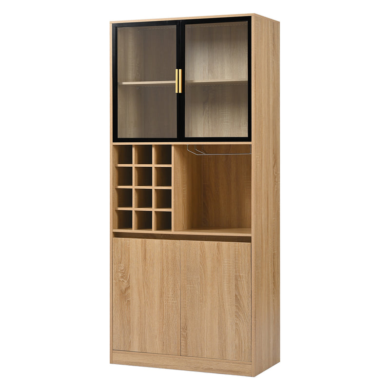 Armoire de Rangement Polyvalente Naturelle avec Portes Vitrées, Éclairage LED et Support de Verres AmovibleTRUUDOTS