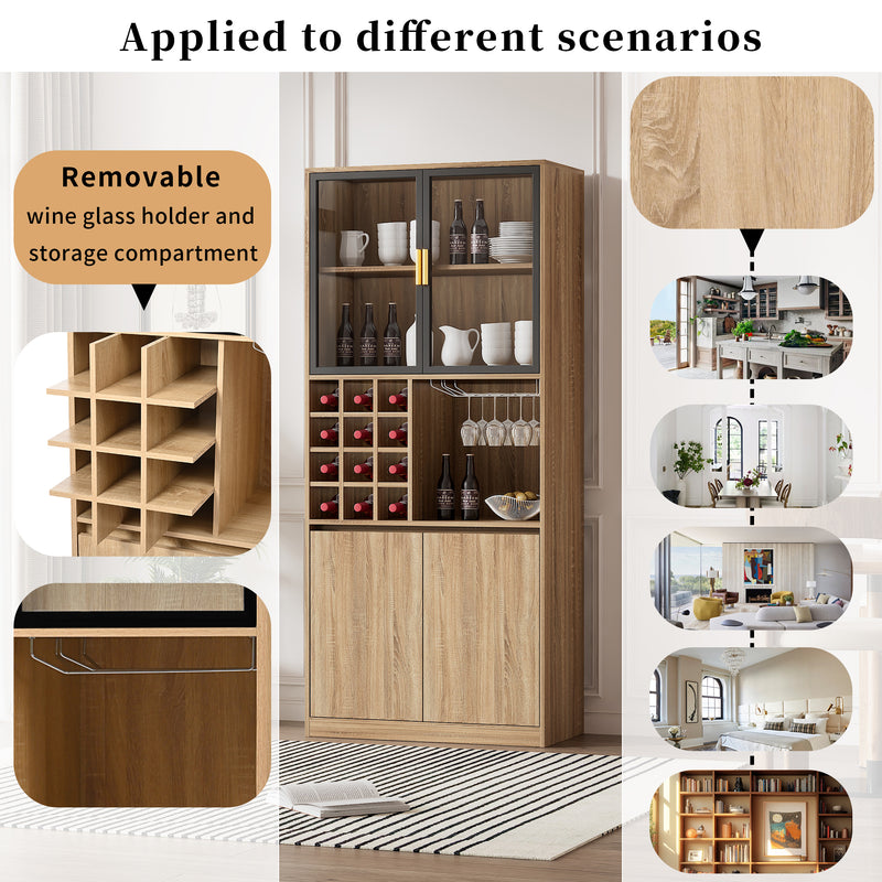 Armoire de Rangement Polyvalente Naturelle avec Portes Vitrées, Éclairage LED et Support de Verres AmovibleTRUUDOTS
