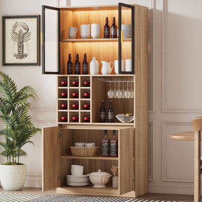 Armoire de Rangement Polyvalente Naturelle avec Portes Vitrées, Éclairage LED et Support de Verres AmovibleTRUUDOTS