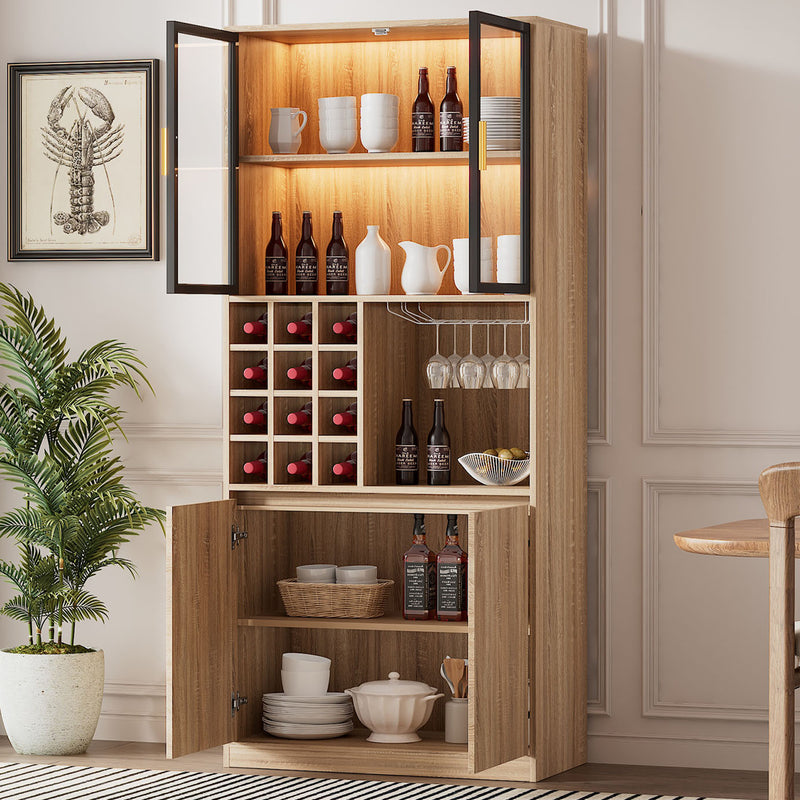 Armoire de Rangement Polyvalente Naturelle avec Portes Vitrées, Éclairage LED et Support de Verres AmovibleTRUUDOTS