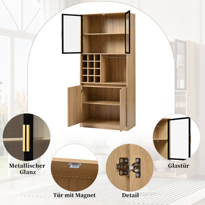 Armoire de Rangement Polyvalente Naturelle avec Portes Vitrées, Éclairage LED et Support de Verres AmovibleTRUUDOTS