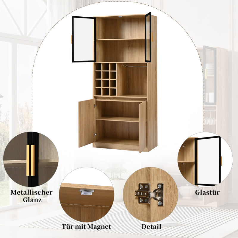 Armoire de Rangement Polyvalente Naturelle avec Portes Vitrées, Éclairage LED et Support de Verres AmovibleTRUUDOTS