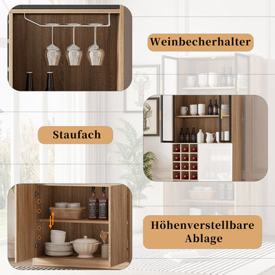 Armoire de Rangement Polyvalente Naturelle avec Portes Vitrées, Éclairage LED et Support de Verres AmovibleTRUUDOTS