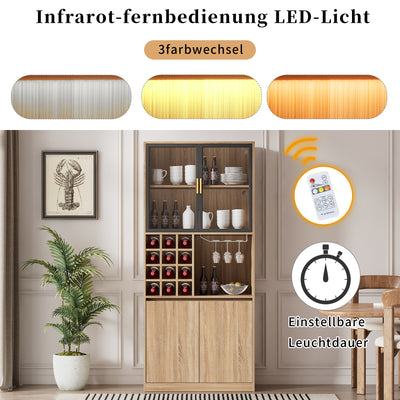 Armoire de Rangement Polyvalente Naturelle avec Portes Vitrées, Éclairage LED et Support de Verres AmovibleTRUUDOTS