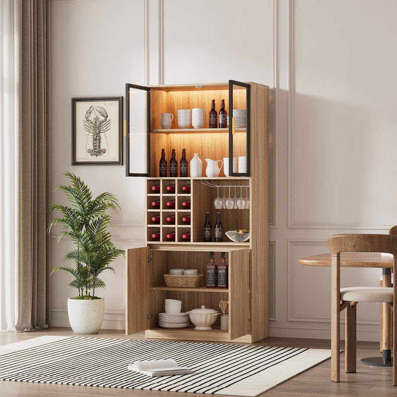 Armoire de Rangement Polyvalente Naturelle avec Portes Vitrées, Éclairage LED et Support de Verres AmovibleTRUUDOTS