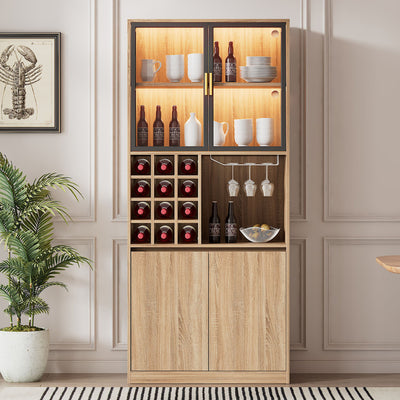 Armoire de Rangement Polyvalente Naturelle avec Portes Vitrées, Éclairage LED et Support de Verres AmovibleTRUUDOTS