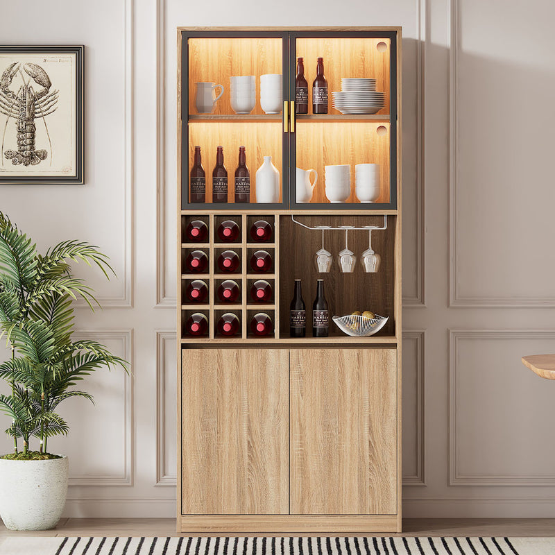 Armoire de Rangement Polyvalente Naturelle avec Portes Vitrées, Éclairage LED et Support de Verres AmovibleTRUUDOTS