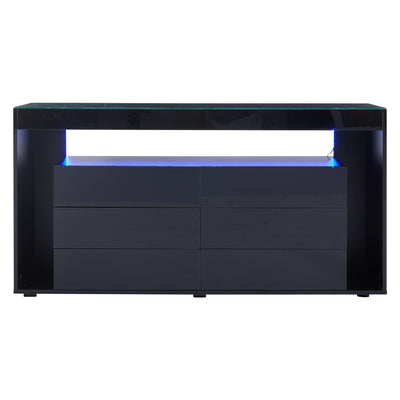 Buffet Noir Laqué Brillant avec 6 Tiroirs, Plateau en Verre Trempé et Éclairage LED Multicolore UDHIENS