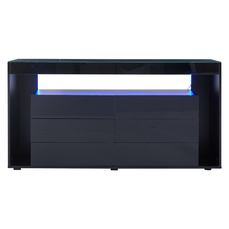 Buffet Noir Laqué Brillant avec 6 Tiroirs, Plateau en Verre Trempé et Éclairage LED Multicolore UDHIENS