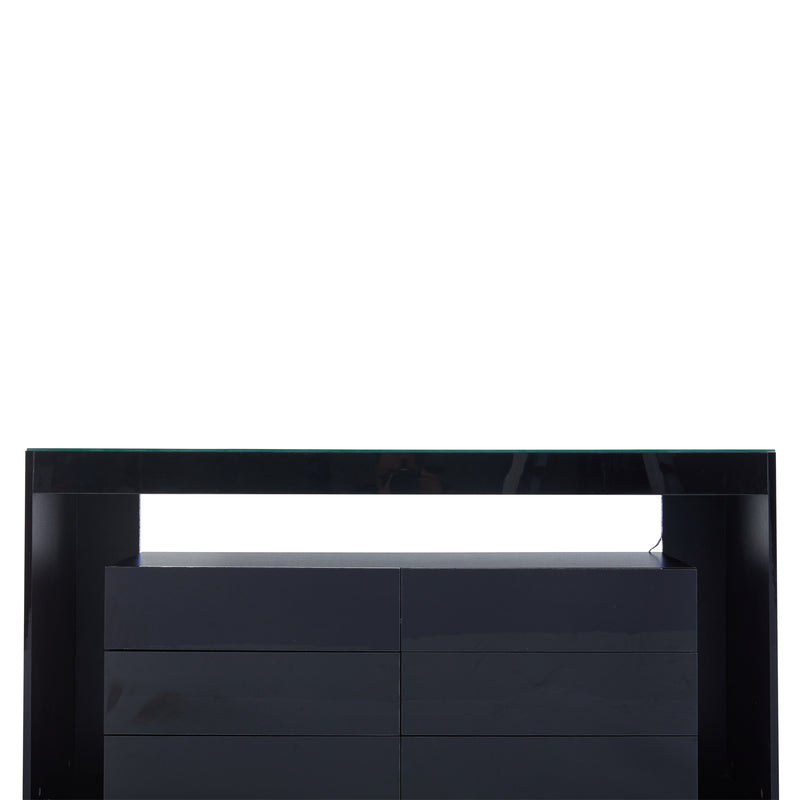 Buffet Noir Laqué Brillant avec 6 Tiroirs, Plateau en Verre Trempé et Éclairage LED Multicolore UDHIENS