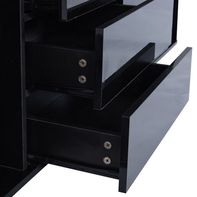 Buffet Noir Laqué Brillant avec 6 Tiroirs, Plateau en Verre Trempé et Éclairage LED Multicolore UDHIENS