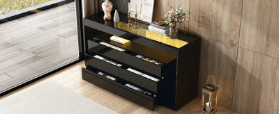 Buffet Noir Laqué Brillant avec 6 Tiroirs, Plateau en Verre Trempé et Éclairage LED Multicolore UDHIENS