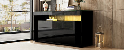 Buffet Noir Laqué Brillant avec 6 Tiroirs, Plateau en Verre Trempé et Éclairage LED Multicolore UDHIENS