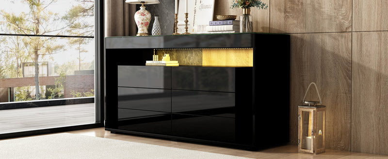 Buffet Noir Laqué Brillant avec 6 Tiroirs, Plateau en Verre Trempé et Éclairage LED Multicolore UDHIENS