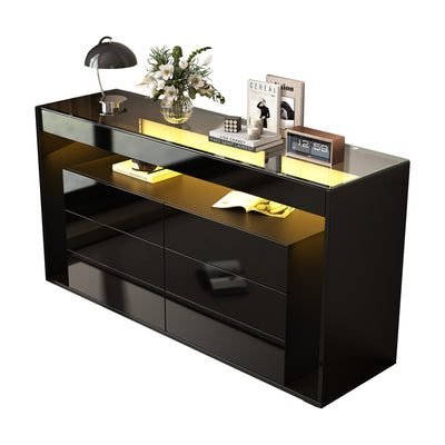 Buffet Noir Laqué Brillant avec 6 Tiroirs, Plateau en Verre Trempé et Éclairage LED Multicolore UDHIENS