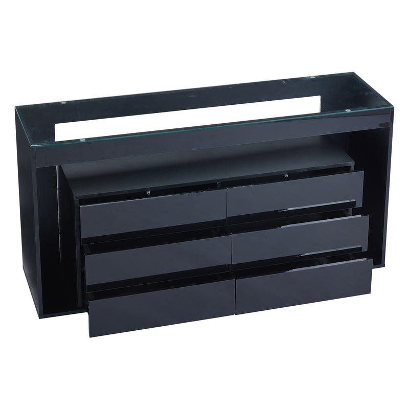 Buffet Noir Laqué Brillant avec 6 Tiroirs, Plateau en Verre Trempé et Éclairage LED Multicolore UDHIENS