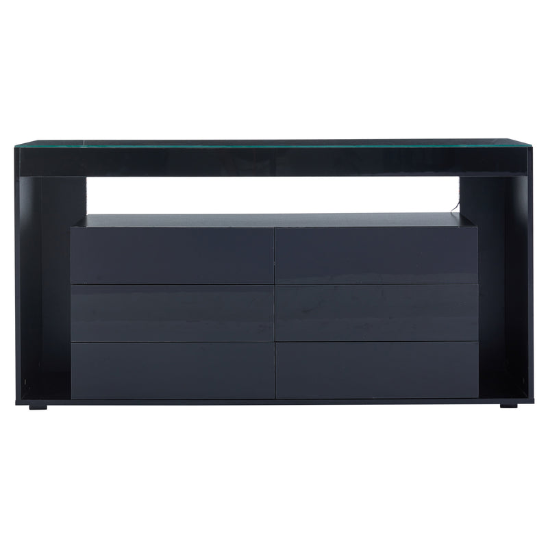 Buffet Noir Laqué Brillant avec 6 Tiroirs, Plateau en Verre Trempé et Éclairage LED Multicolore UDHIENS