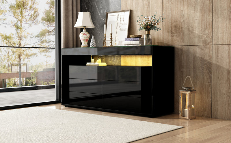 Buffet Noir Laqué Brillant avec 6 Tiroirs, Plateau en Verre Trempé et Éclairage LED Multicolore UDHIENS