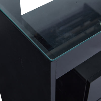 Buffet Noir Laqué Brillant avec 6 Tiroirs, Plateau en Verre Trempé et Éclairage LED Multicolore UDHIENS