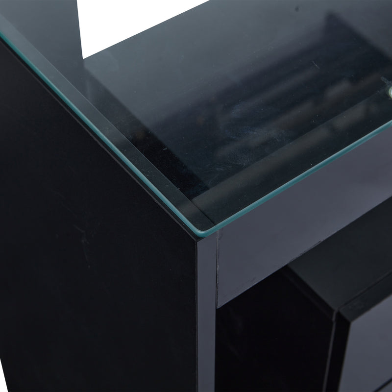 Buffet Noir Laqué Brillant avec 6 Tiroirs, Plateau en Verre Trempé et Éclairage LED Multicolore UDHIENS