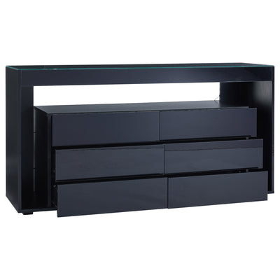Buffet Noir Laqué Brillant avec 6 Tiroirs, Plateau en Verre Trempé et Éclairage LED Multicolore UDHIENS