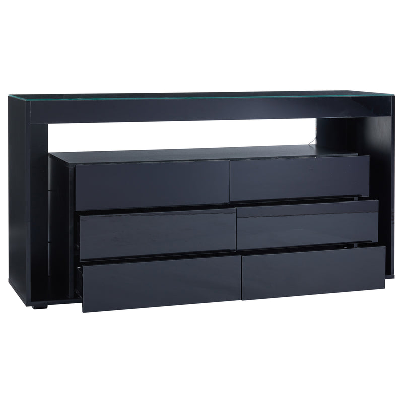 Buffet Noir Laqué Brillant avec 6 Tiroirs, Plateau en Verre Trempé et Éclairage LED Multicolore UDHIENS