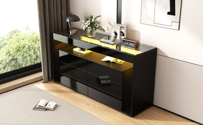 Buffet Noir Laqué Brillant avec 6 Tiroirs, Plateau en Verre Trempé et Éclairage LED Multicolore UDHIENS